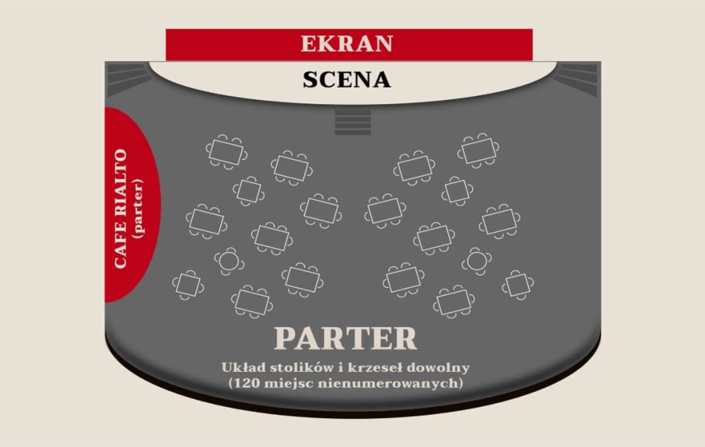 Parter, układ stolików na 120 miejsc. Na środku scena z ekranem oraz przestrzeń Cafe Rialto