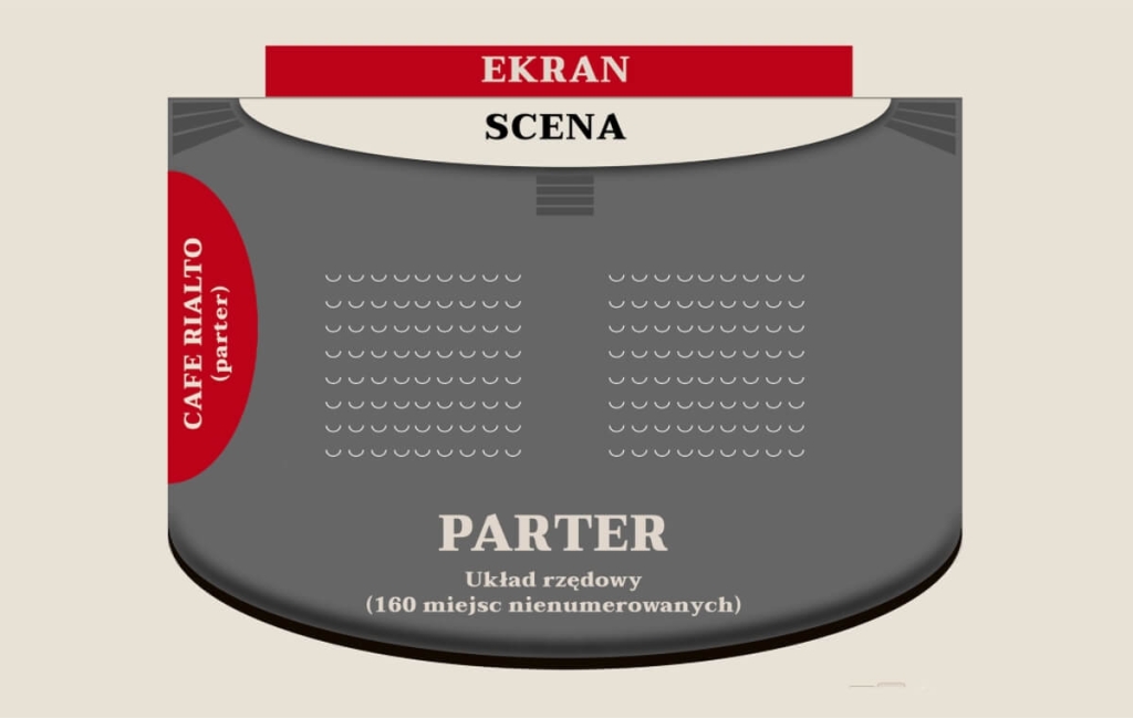 Parter, układ rzędowy około 160 miejsc, U góry scena z ekranem, w przestrzeni parteru Cafe Rialto