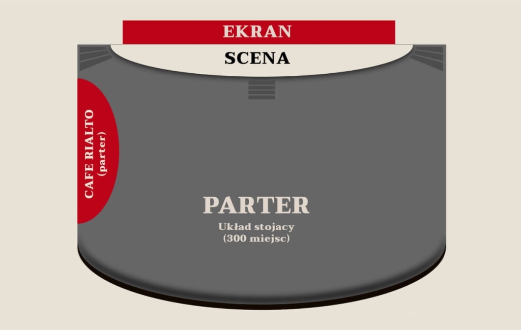Układ kina na parterze. U góry scena z ekranem, układ stojący 300 miejsc wraz z przestrzenią Cafe Rialto
